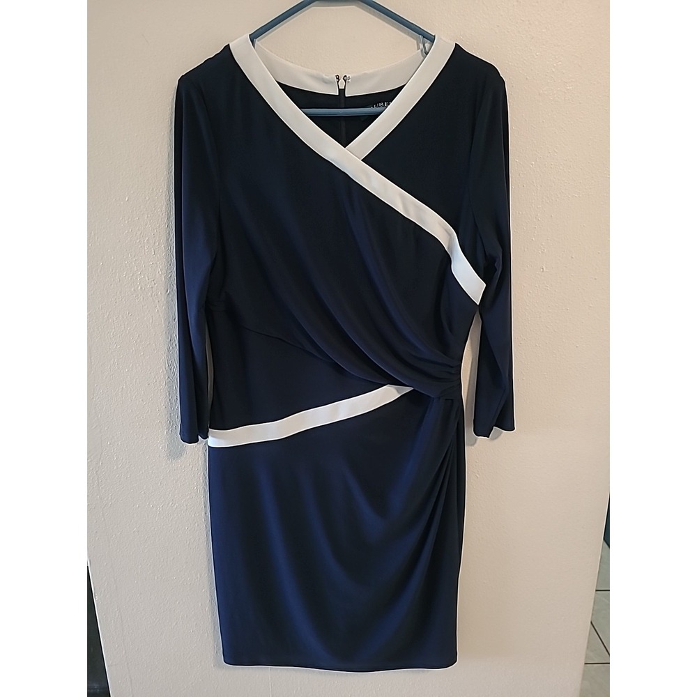 Lauren Ralph Lauren Navy‎ Blue & White Scrunched Side Dress 14 3/4 Sleeve
